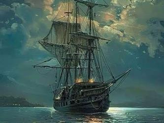 Ship on the water with the moon in the background.